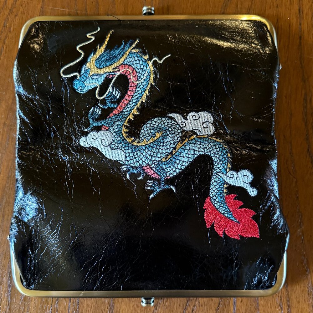 HOBO International Black Leather Lauren Clutch Wallet -- Embroidered Dragon - Picture 4 of 6